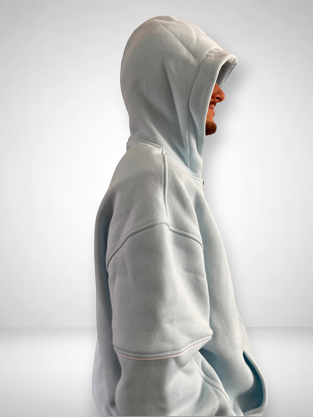 SLAYZ light blue cotton blend hoodie with a relaxed fit, full zip, hood, and pockets. Ideal for casual wear.