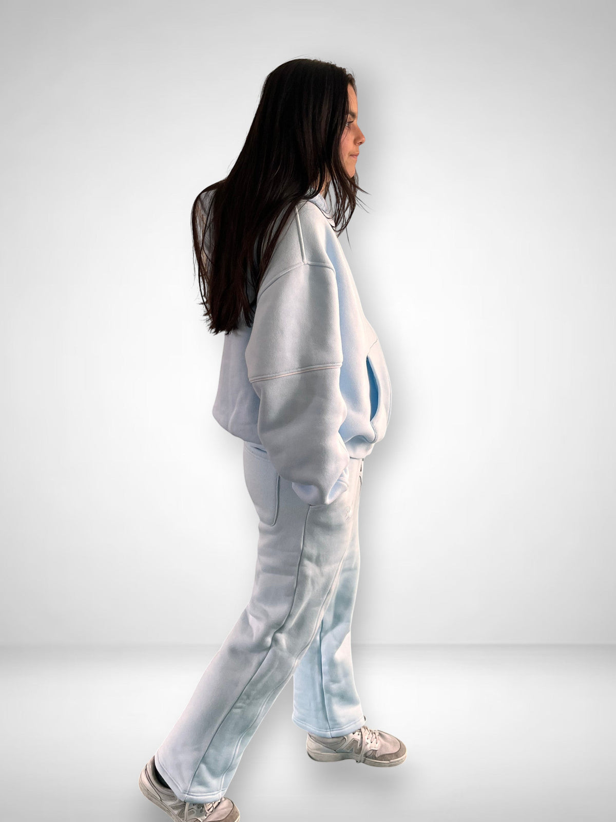 SLAYZ light blue oversized cotton blend jogging suit with contrast stitching and embroidered logo.